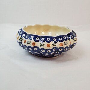 Vtg Janusz Jakubowski Hand-Painted Polish Pottery Small Bowl Blueberry & Pumpkin